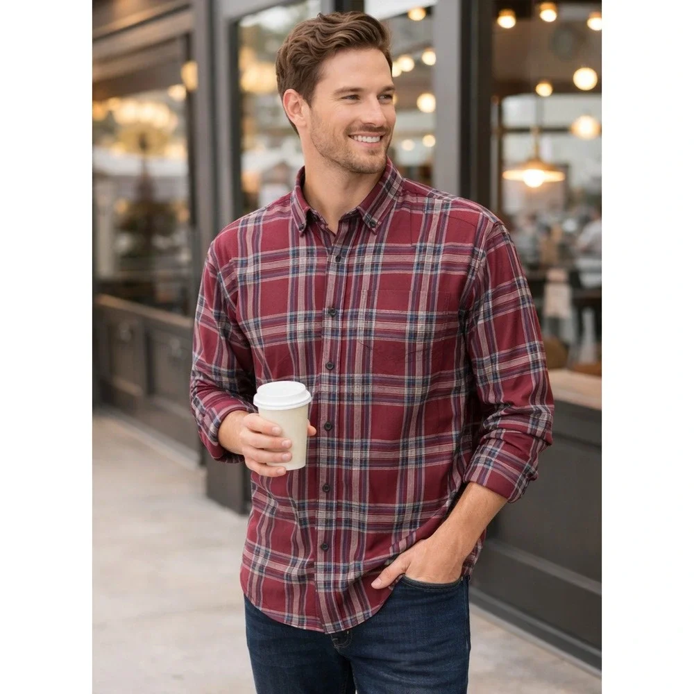 MIZZEN+MAIN City Flannel Twill Garnet Thomas Plaid Button-Down Shirt XL Trim NWT